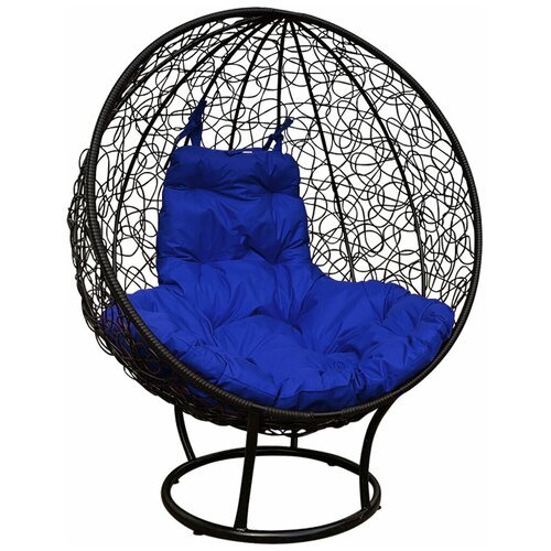 Кресло-кокон 'Круглое' стоячее с ротангом черное + синяя подушка