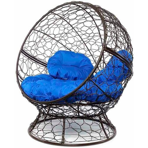 Кресло кокон Апельсин с ротангом M-Group Коричневое с синей подушкой 1400х1500х1500