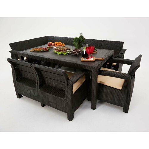 Комплект садовой мебели из ротанга Set 5+2+1+обеденный стол 160х95, с комплектом коричневых подушек