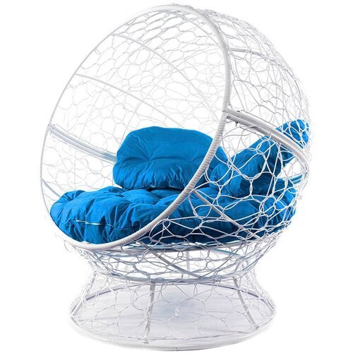 Кресло кокон Апельсин с ротангом M-Group Белое с синей подушкой 1400х1500х1500