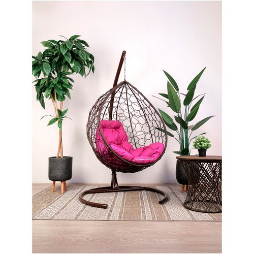 Подвесное кресло M-Group капля ротанг коричневое, розовая подушка
