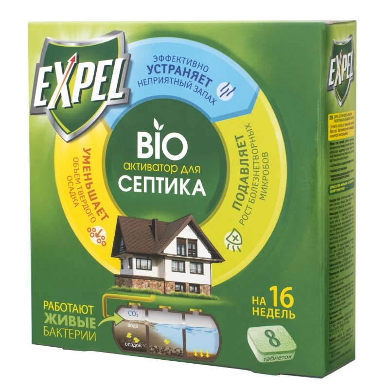 Биоактиватор Expel для дачных туалетов и септиков, таблетки в картонной упаковке, 8шт.