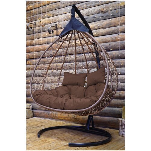 Подвесное двухместное кресло-кокон FISHT горячий шоколад + каркас (коричневая подушка, полиэстер)